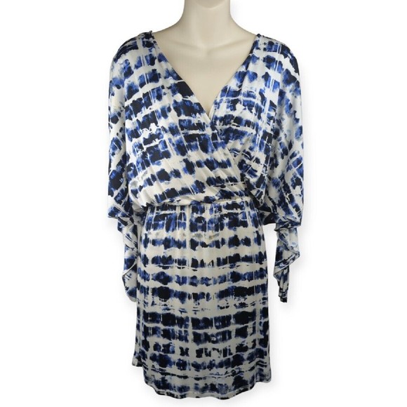 Parker Dresses & Skirts - PARKER Blouson Dress Stretch Drape Faux Wrap Watercolor Blue Dolman Sleeve M L